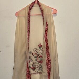 Elegant Cream and Red Embroidered Open Cardigan